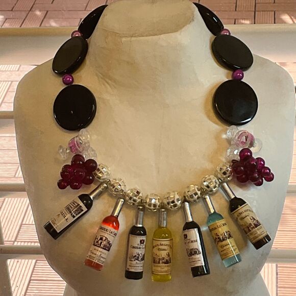 Wine Lover’s Statement Necklace, Miniature Wine Bottle Jewelry with Earrings - Picture 3 of 9